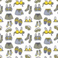 Seamless vector pattern with elements of lingerie, slippers, socks, shorts in gray-yellow colors.